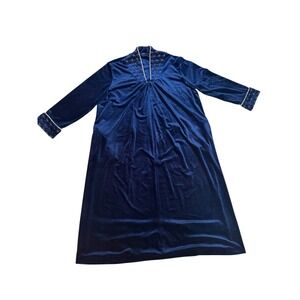 Vintage Velvet Nightgown Robe Navy Blue XL Floral Trim Long Sleeve